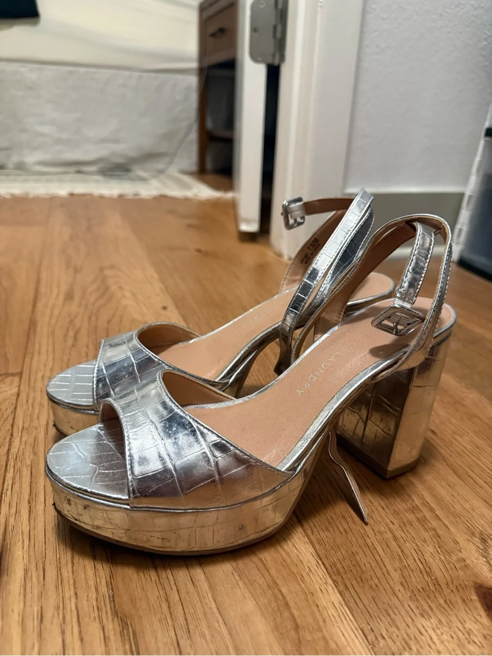 Chinese Laundry silver metallic platform heels